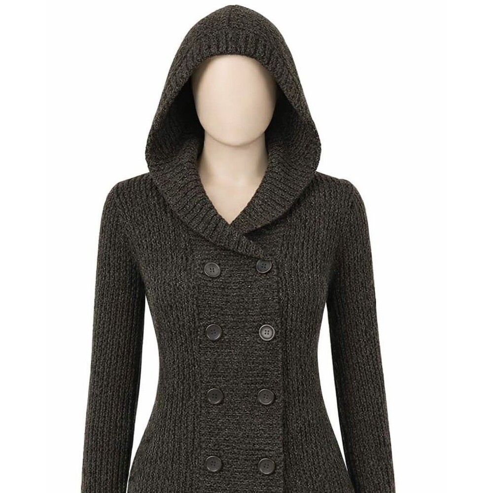 Effeci Women Hooded Double-Breasted Sweater 1X Brown Tweed Y2K 90s